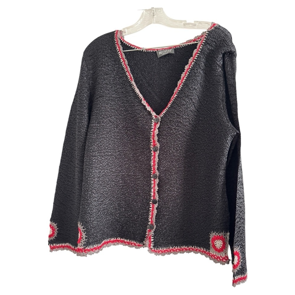 MULTIPLES Women Black-Red Gray Trim Floral Holiday CardiganSweater-PLUS XXL-T44